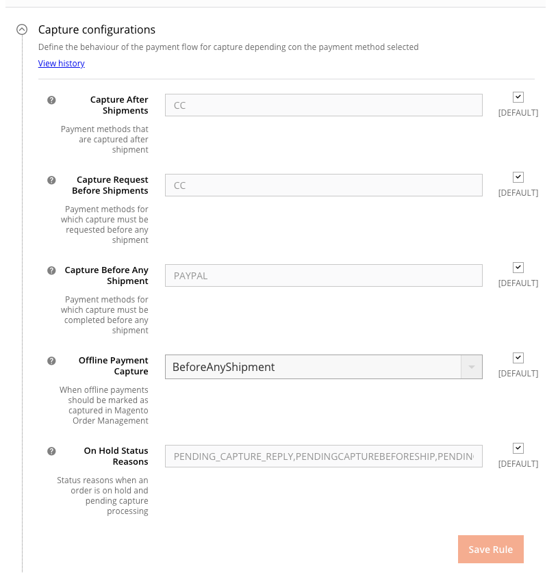 Payments > Capture configurations