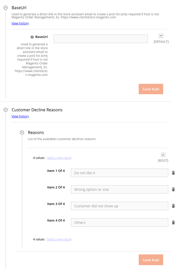 Omnichannel > Base URL, Customer decline reasons