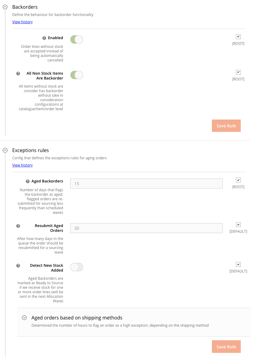 Order > Backorders, Exceptions rules