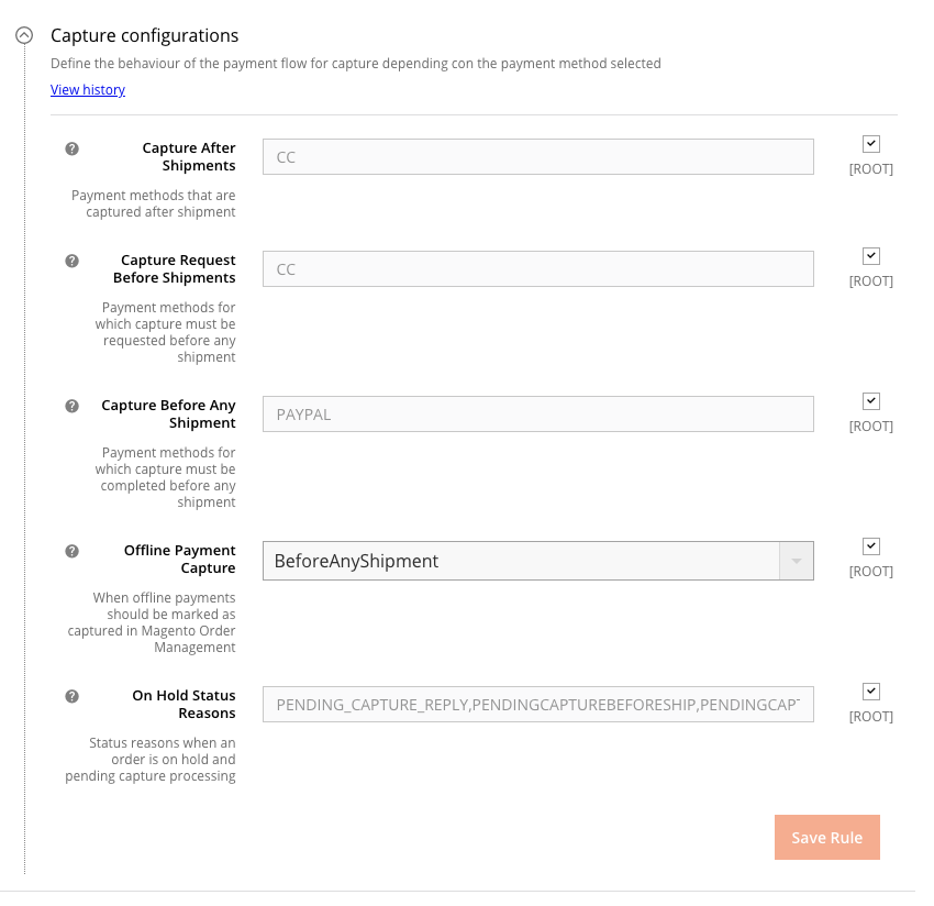 Payments > Capture configuration